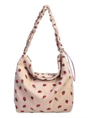 Strawberry All Over Print Corduroy Scrunched Strap w/ Zipper Tote Bag Pink Cute